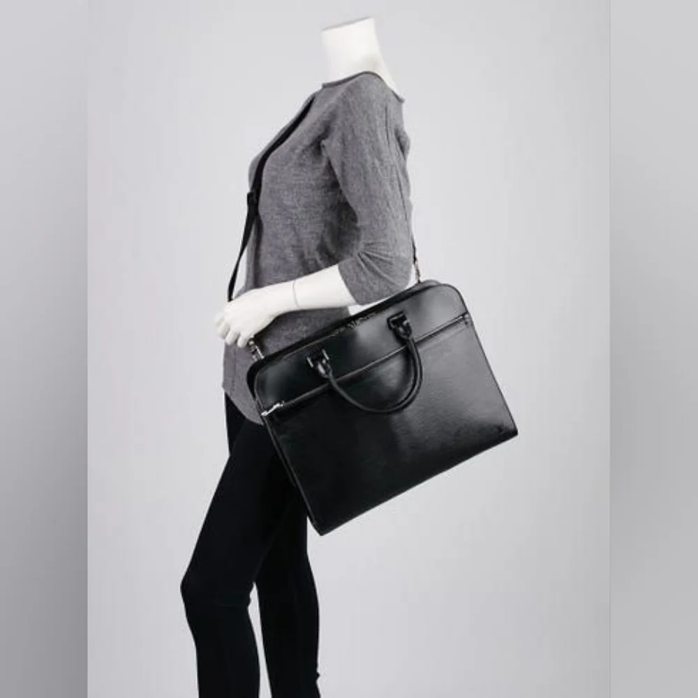 LOUIS VUITTON Epi Leather Bassano MM Briefcase Bag Black